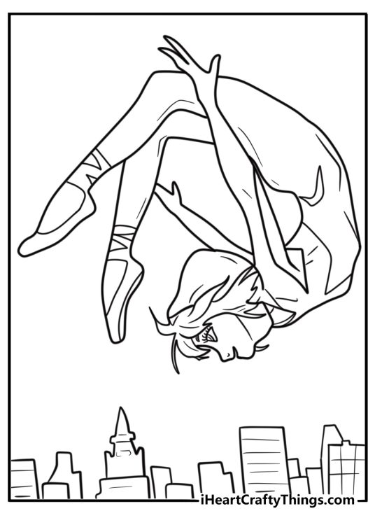 Spider Gwen doing a flip mid air free coloring page pdf