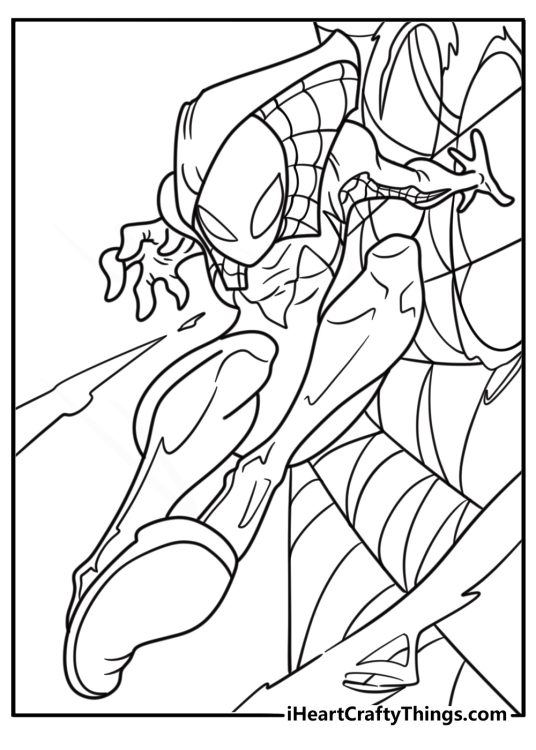 Spider Gwen facing a villain silhouette in the distance coloring page