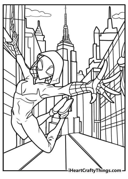 Spider Gwen reaching out with web in hand printable coloring sheet