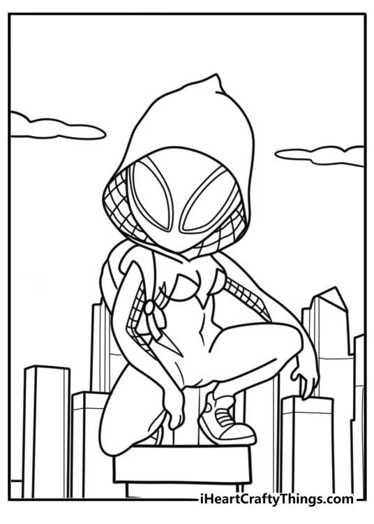 Spider Gwen standing under neon city lights coloring sheet