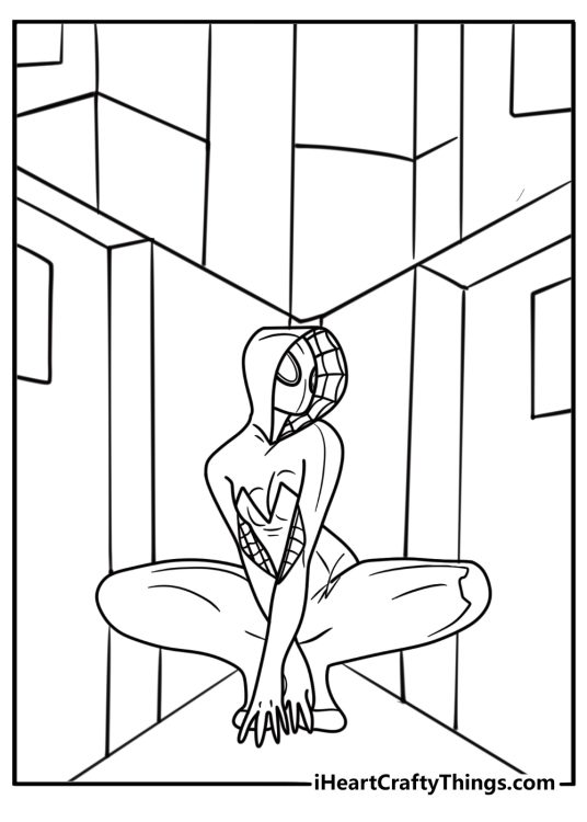 Spider Gwen stealth pose in dark alley free coloring page pdf