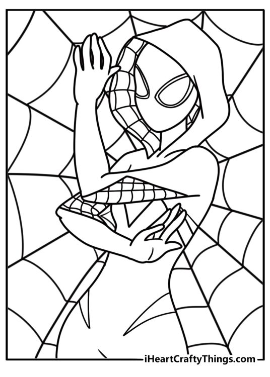 Spider Gwen surrounded by spider webs printable coloring sheet