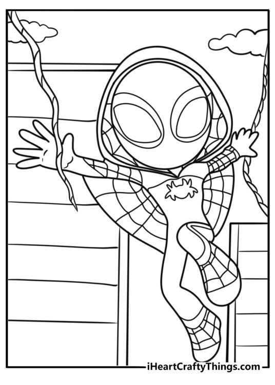 Spider Gwen swinging between buildings coloring page