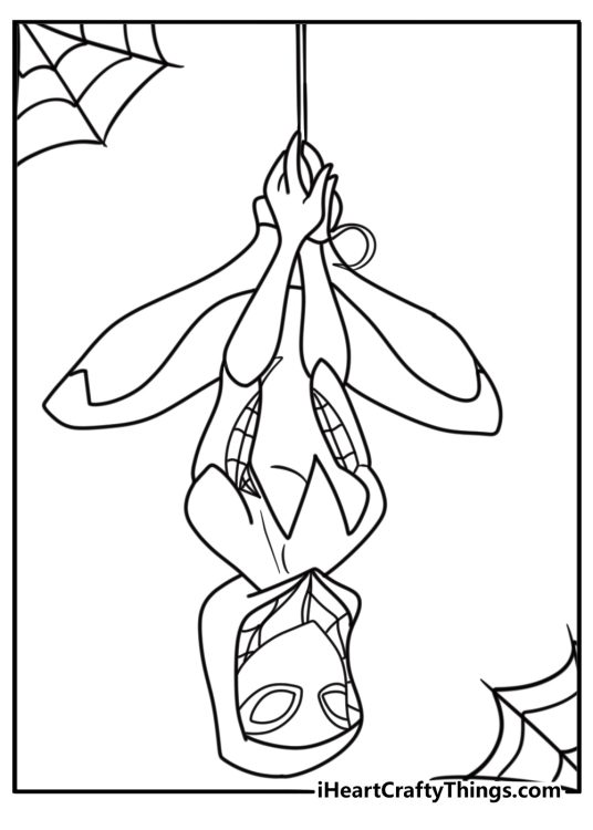 Spider Gwen upside down hanging from web printable coloring sheet