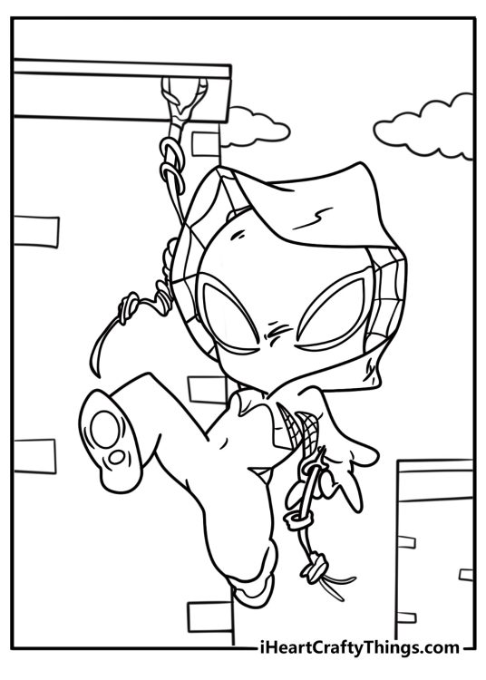 Spider Gwen using web to grab a ledge free printable coloring page