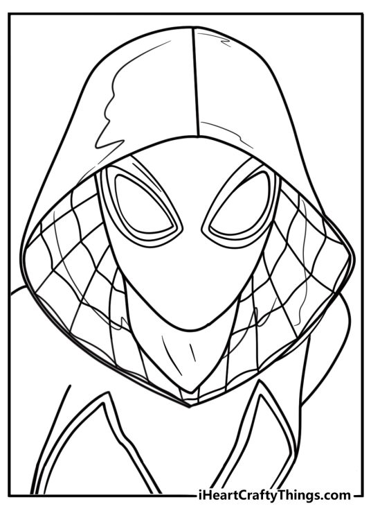 Spider Gwen with glowing eyes mask closeup coloring sheet