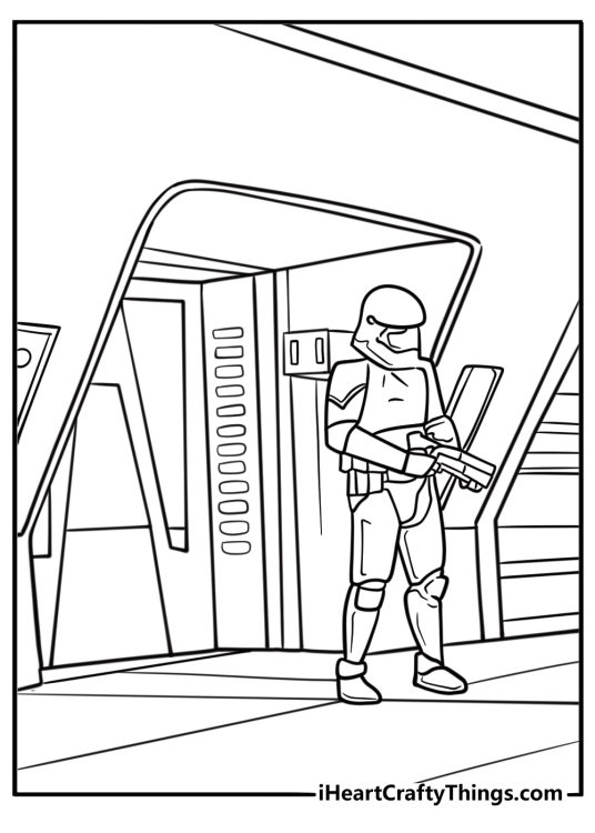 Stormtrooper patrolling space station coloring sheet