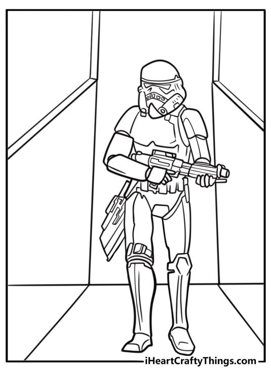 Stormtrooper scanning area with blaster coloring sheet