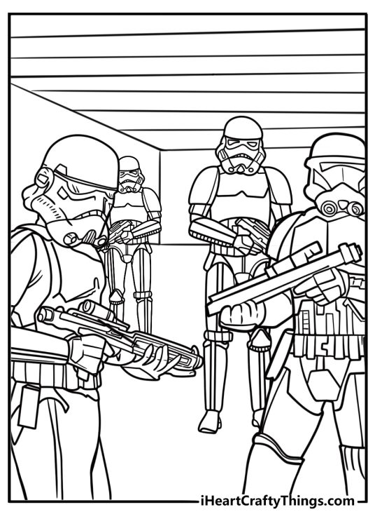 Stormtrooper standing in Death Star corridor coloring sheet
