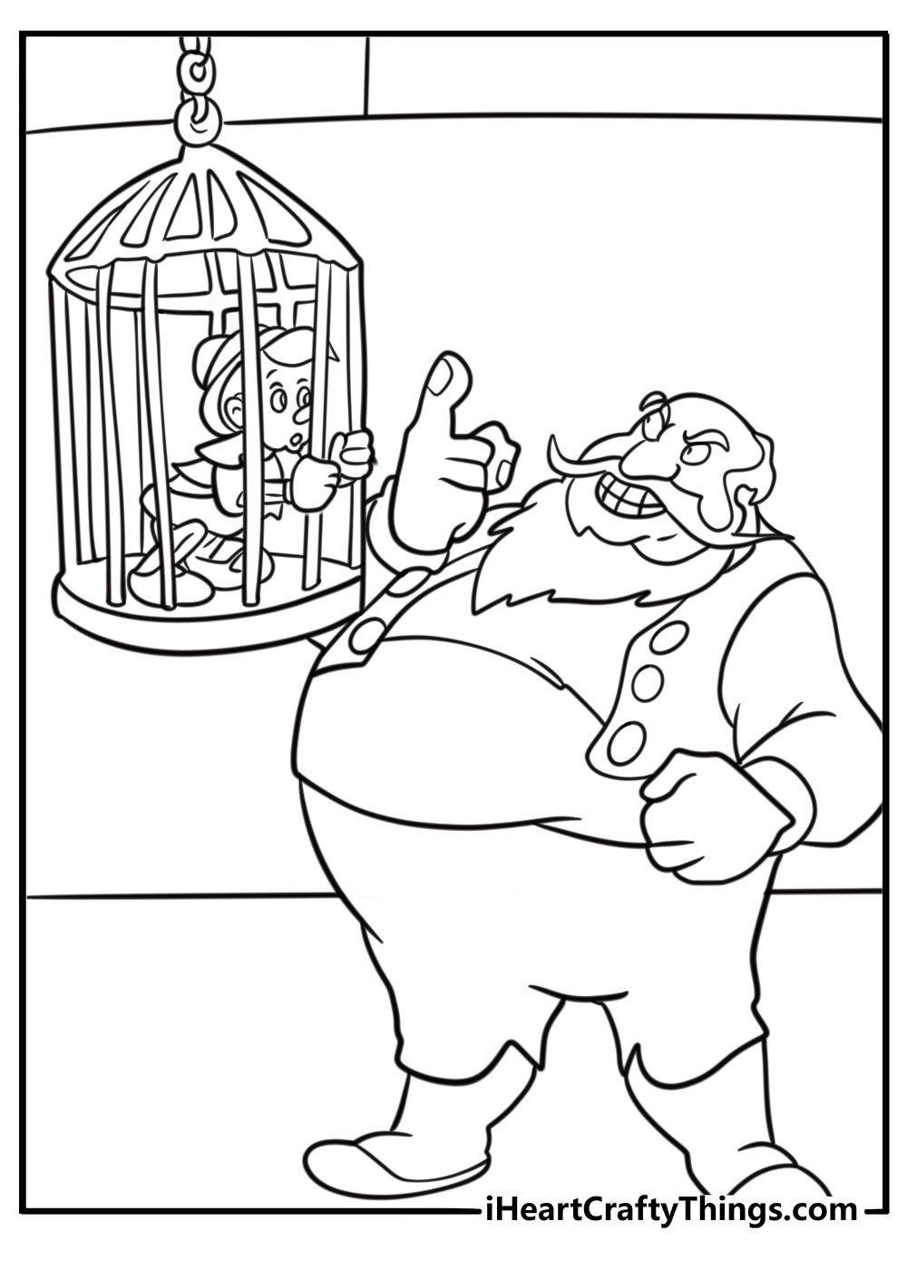 Stromboli locking Pinocchio in a cage coloring page
