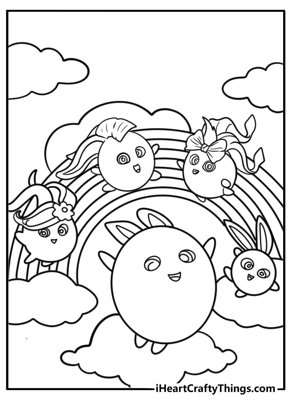 Sunny Bunnies sliding down a rainbow coloring page