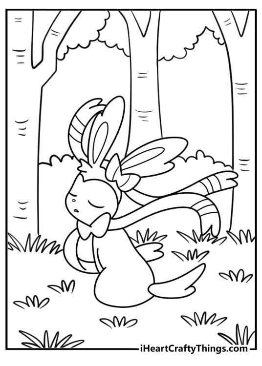 Sylveon in a peaceful forest detailed coloring sheet