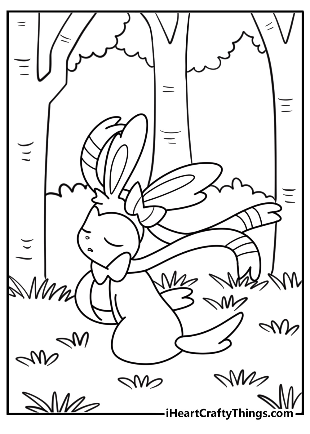 Sylveon in a peaceful forest detailed coloring sheet