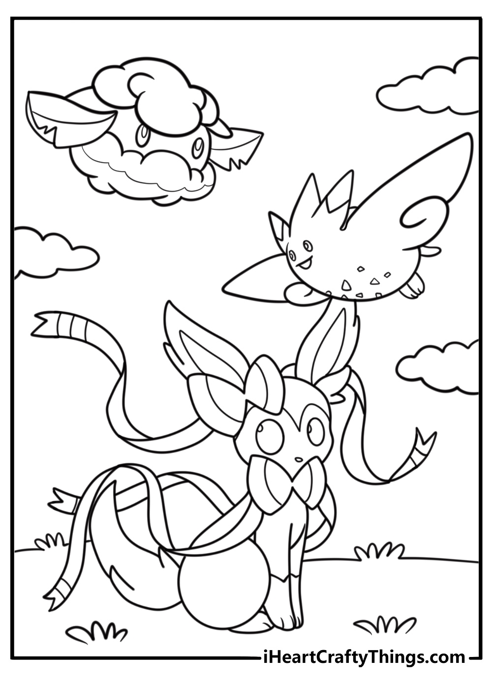 Sylveon interacting with other Fairy type Pokémon coloring page