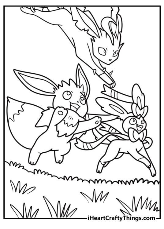 Sylveon next to Eevee and other evolutions coloring page