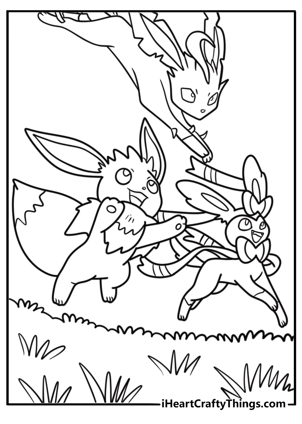 Sylveon next to Eevee and other evolutions coloring page