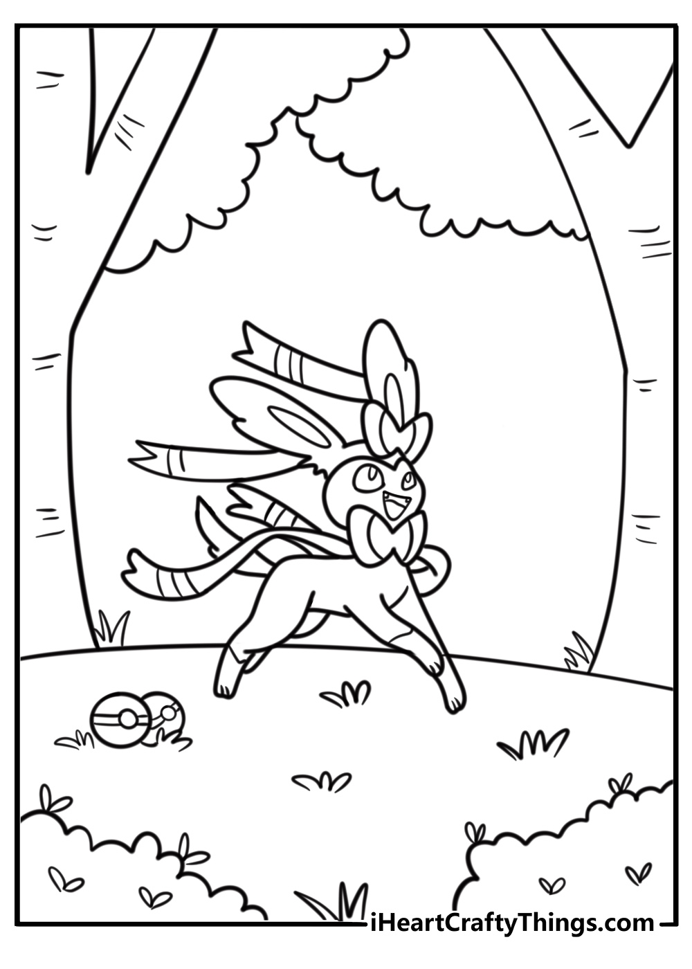 Sylveon next to Pokéballs on the ground free coloring page pdf