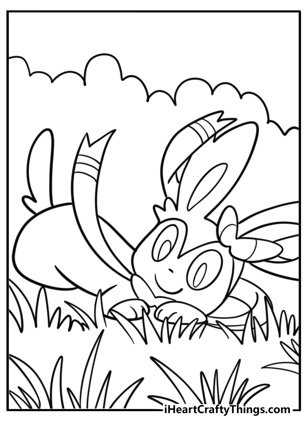Sylveon resting in tall grass printable coloring sheet