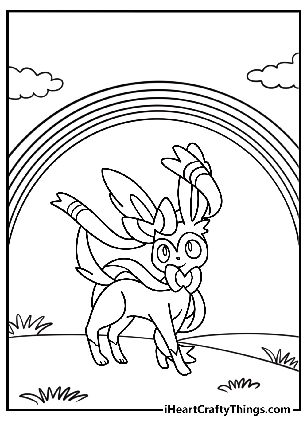 Sylveon standing under a rainbow free coloring page