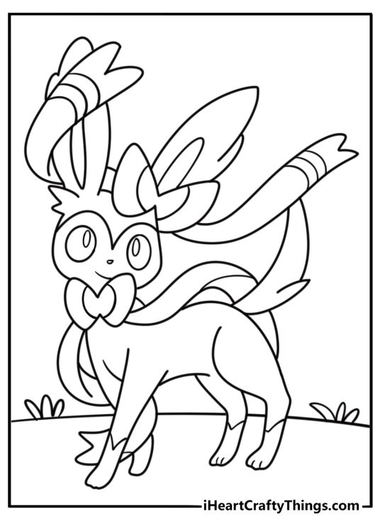 Sylveon standing with ribbons flowing coloring page