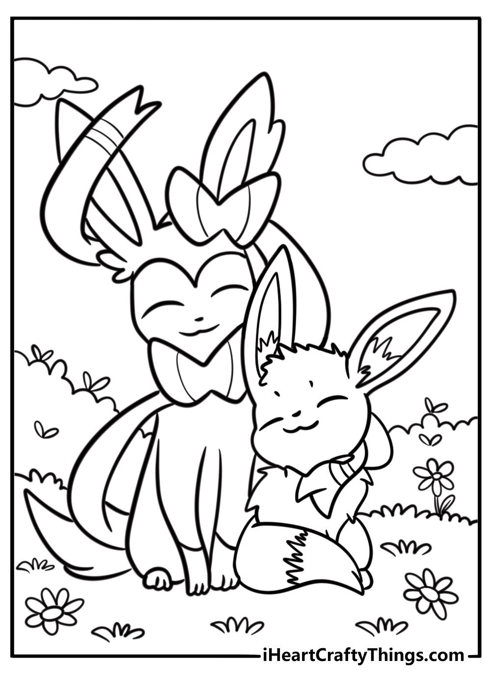 Sylveon surrounded by flowers in a meadow coloring page