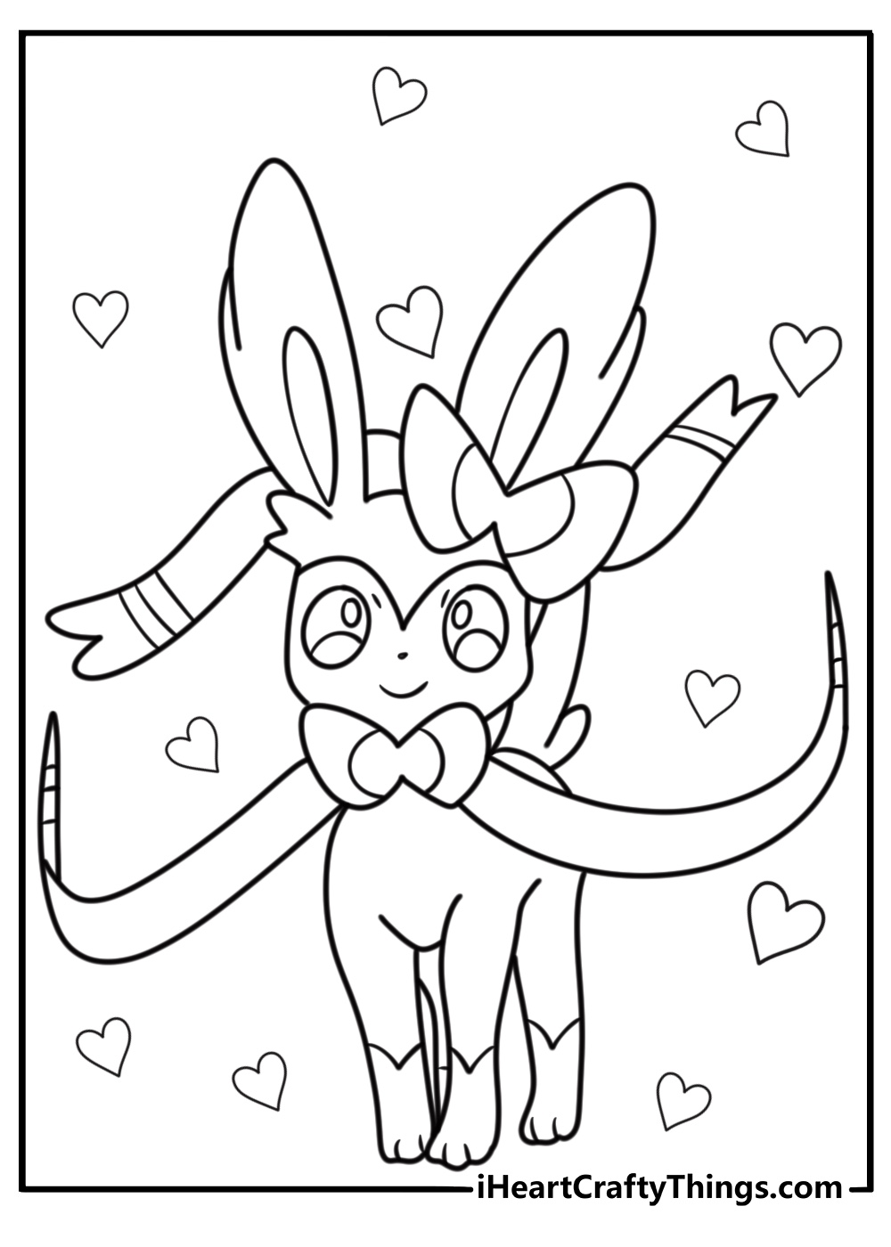 Sylveon surrounded by hearts printable coloring sheet