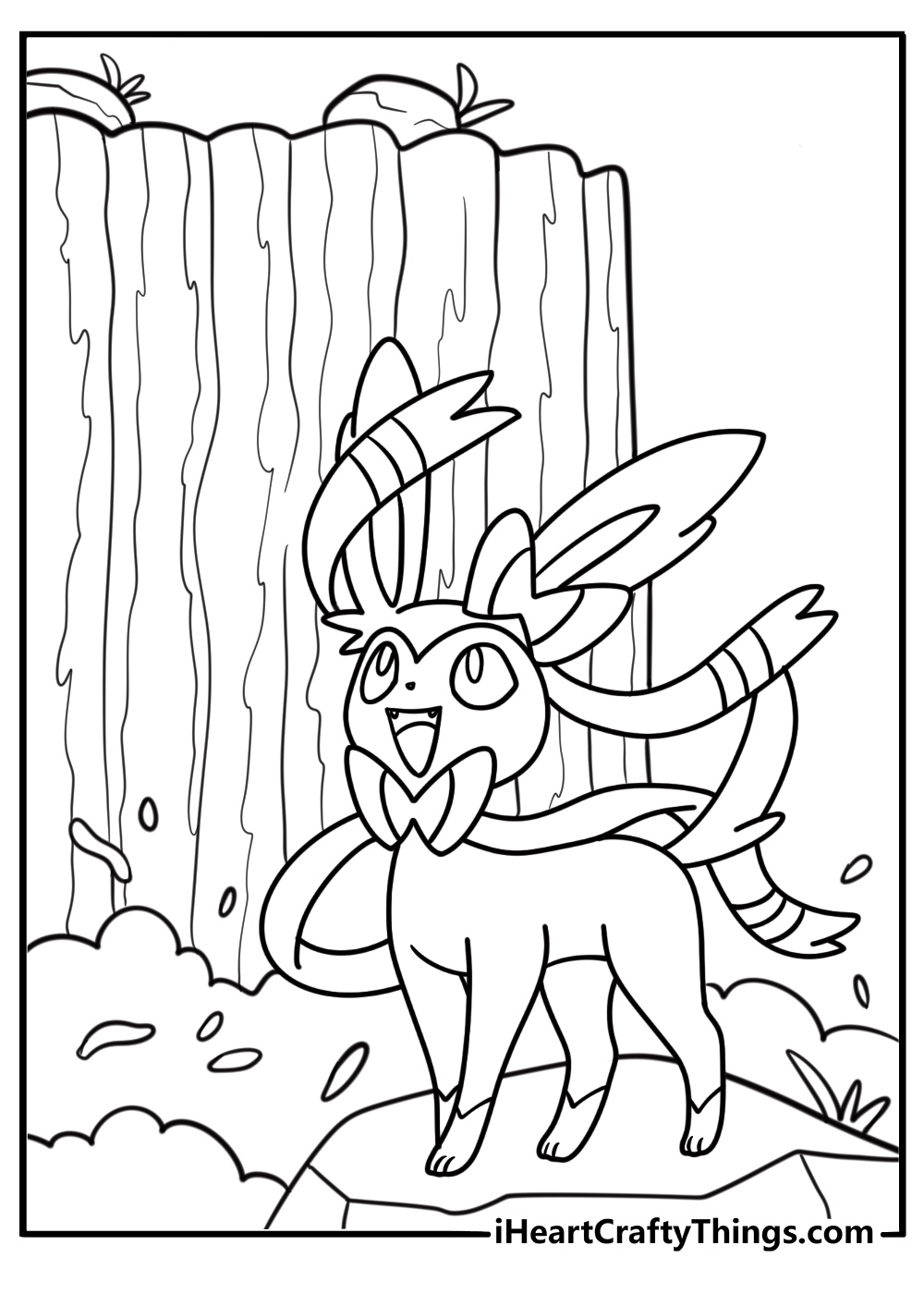 Sylveon walking beside a waterfall coloring page