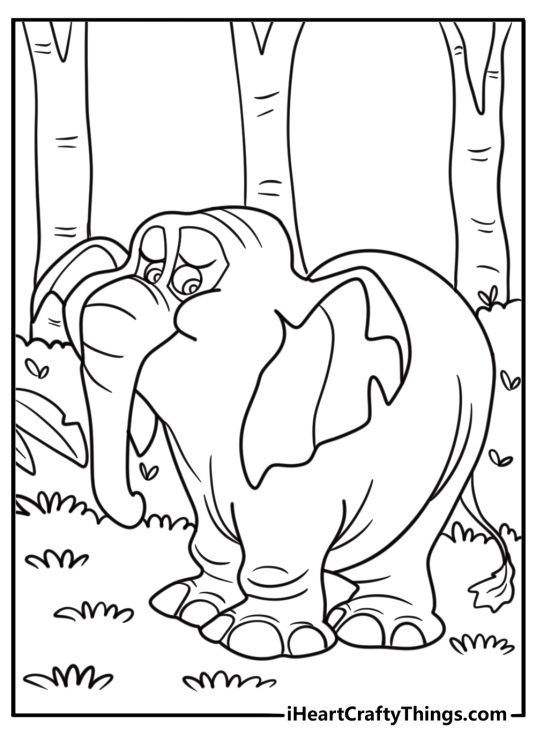 Tantor the elephant looking nervous in the jungle coloring page
