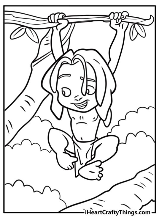 Tarzan climbing a tall tree in the forest coloring page