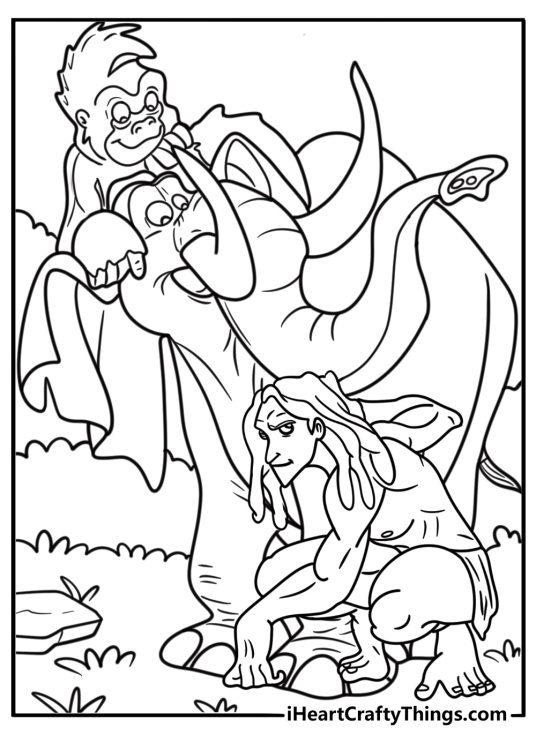 Tarzan communicating with animals in the forest coloring page