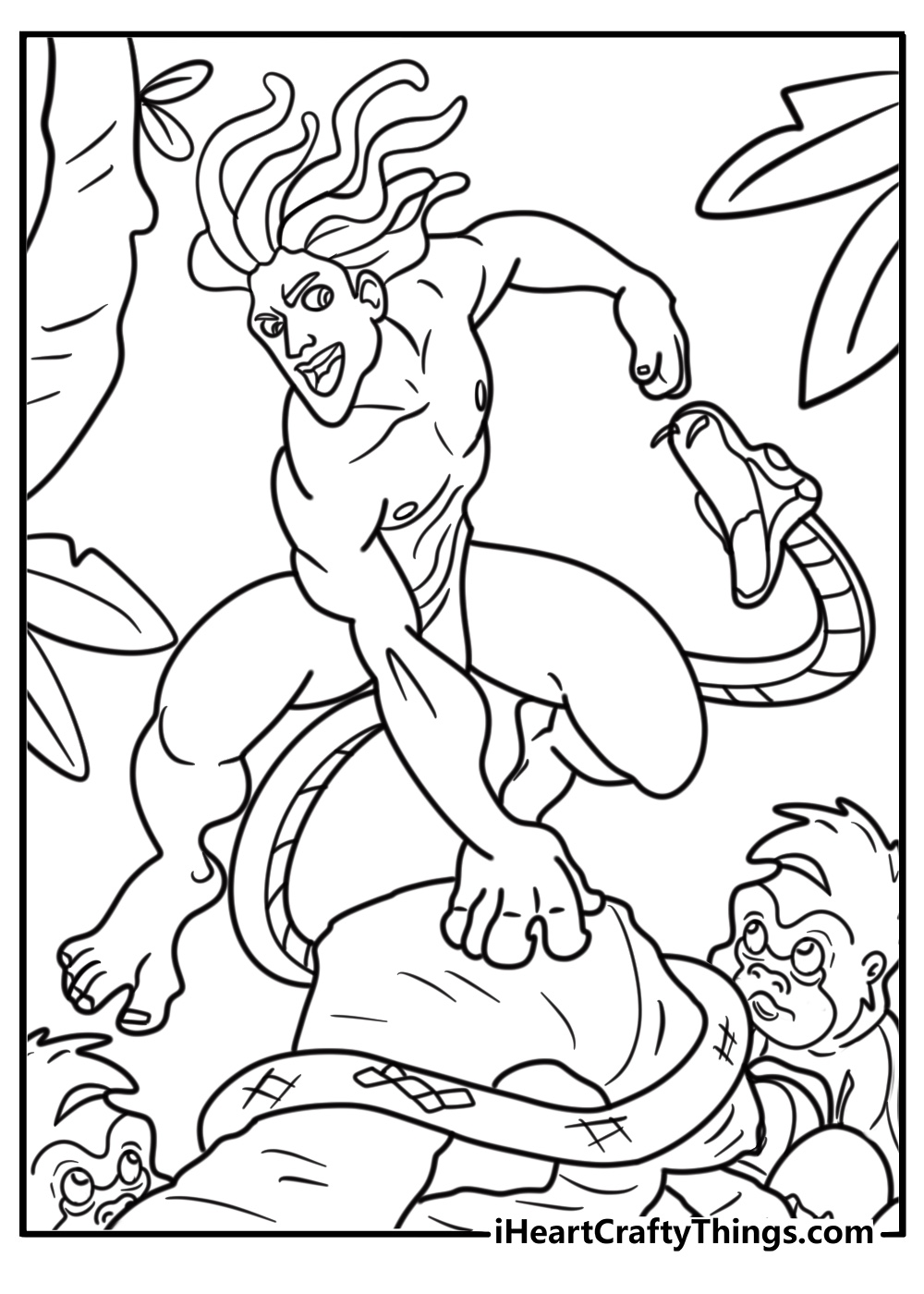 Tarzan protecting his gorilla family from danger coloring page