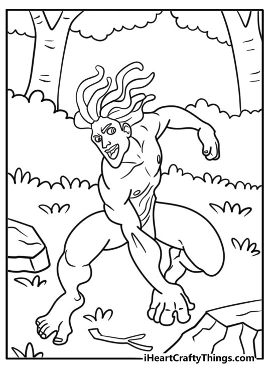 Tarzan running barefoot on a jungle path coloring page