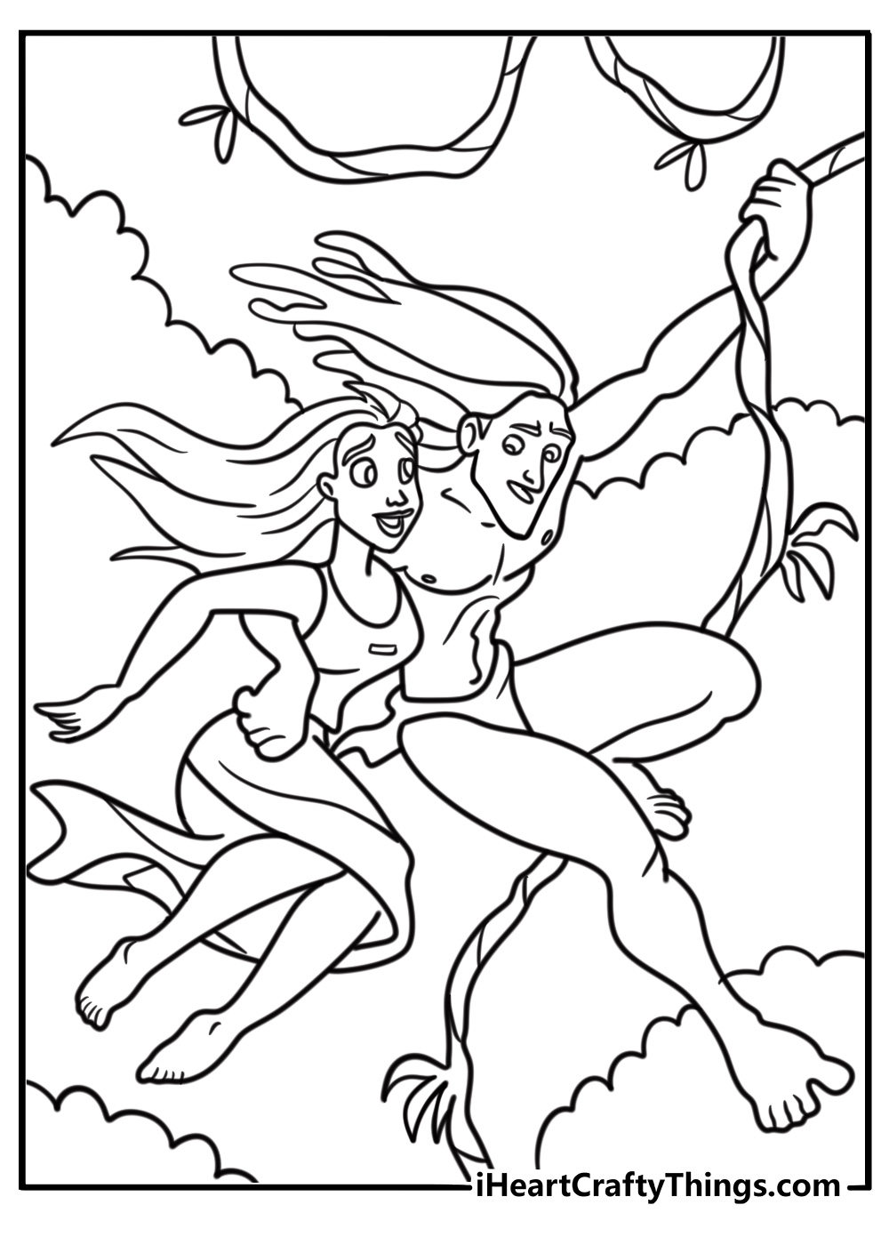 Tarzan showing Jane how to swing on vines coloring page