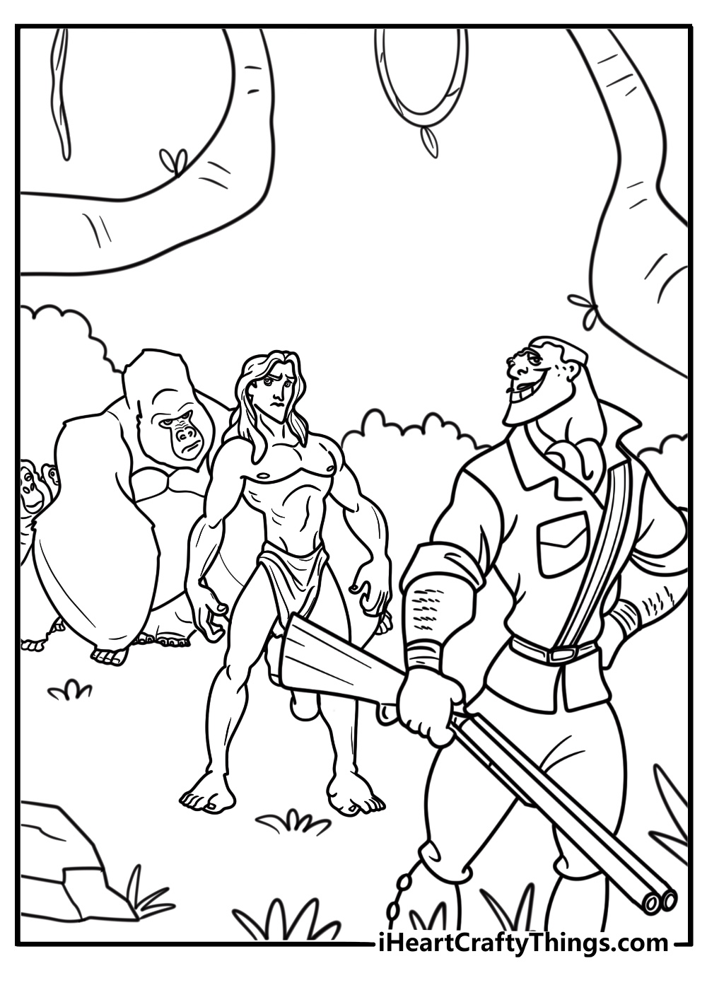 Tarzan standing between humans and animals coloring page