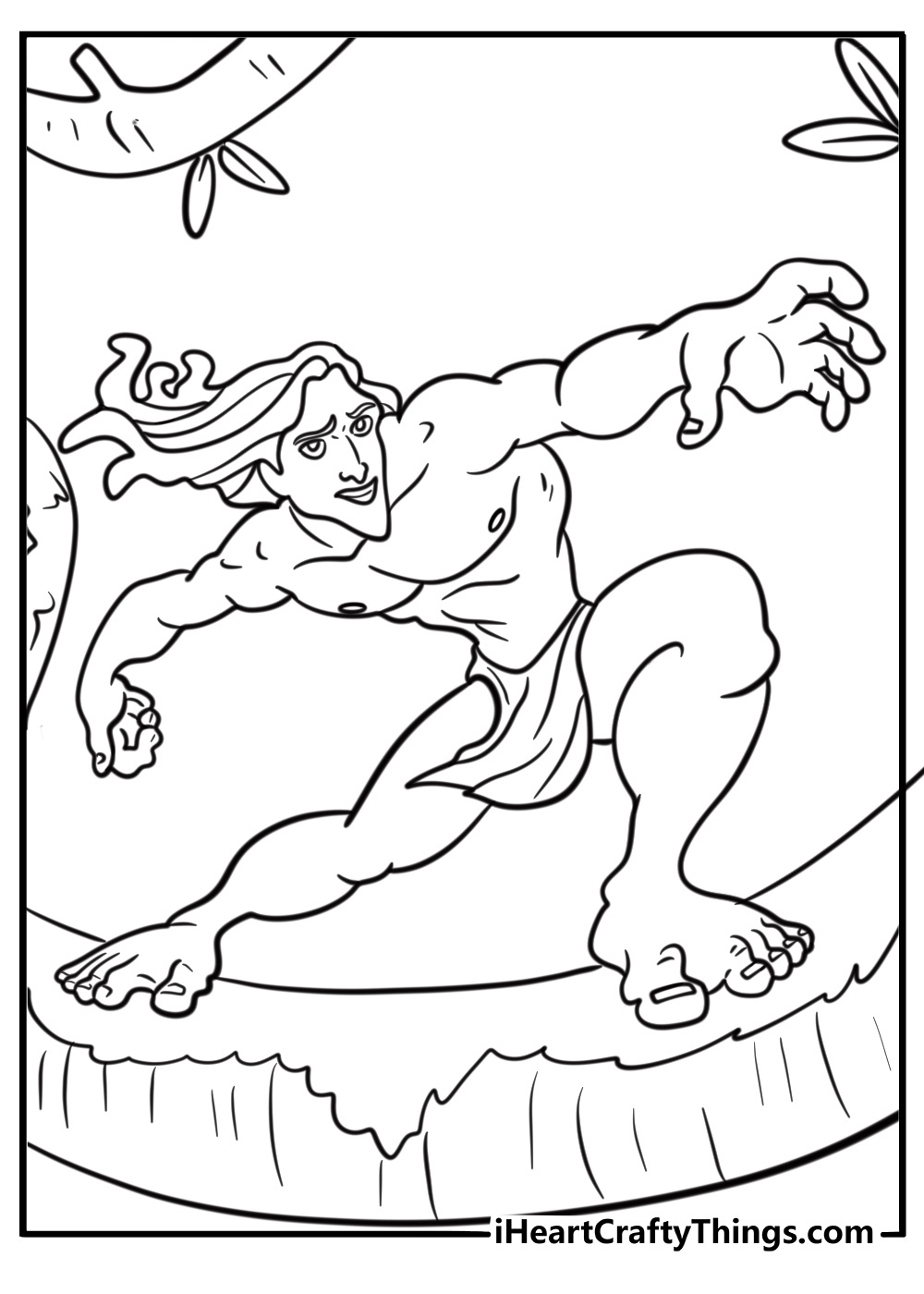 Tarzan standing on a tree branch looking over the jungle coloring page