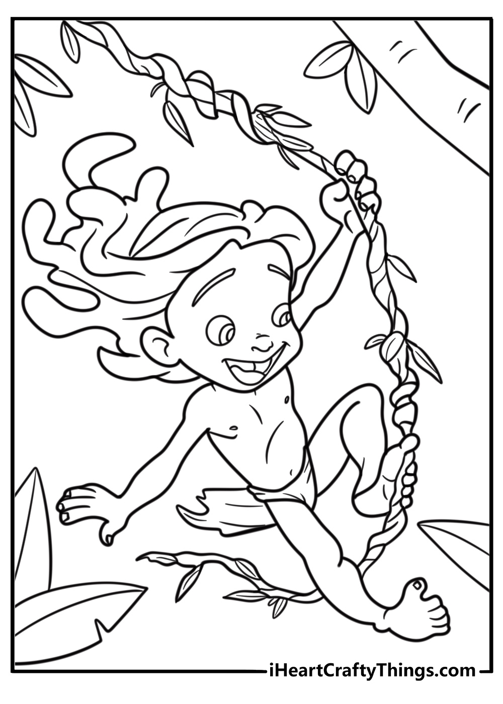 Tarzan swinging on a vine through the jungle coloring page
