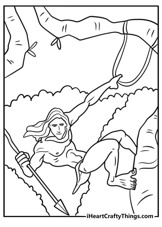 Tarzan using a spear in the wild coloring page
