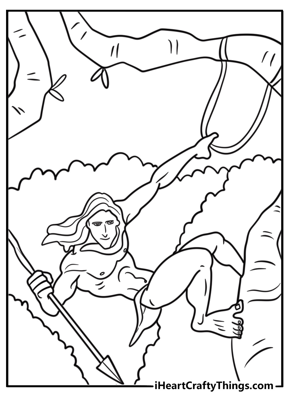 Tarzan using a spear in the wild coloring page