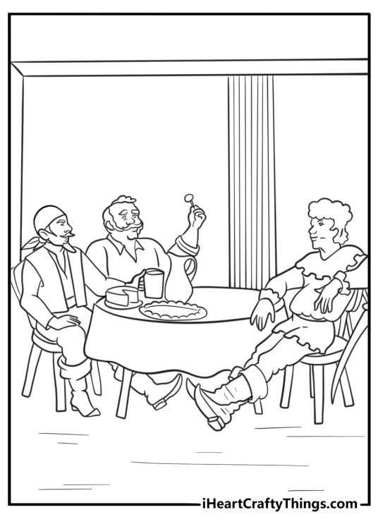 Tavern with adventurers sitting at a wooden table coloring page