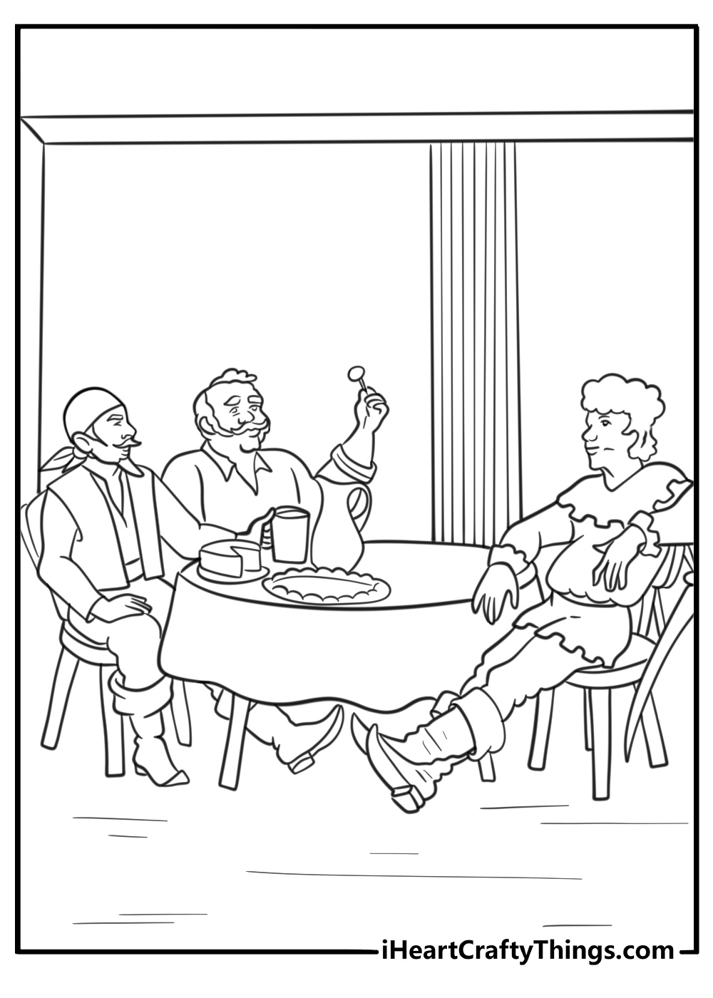 Tavern with adventurers sitting at a wooden table coloring page