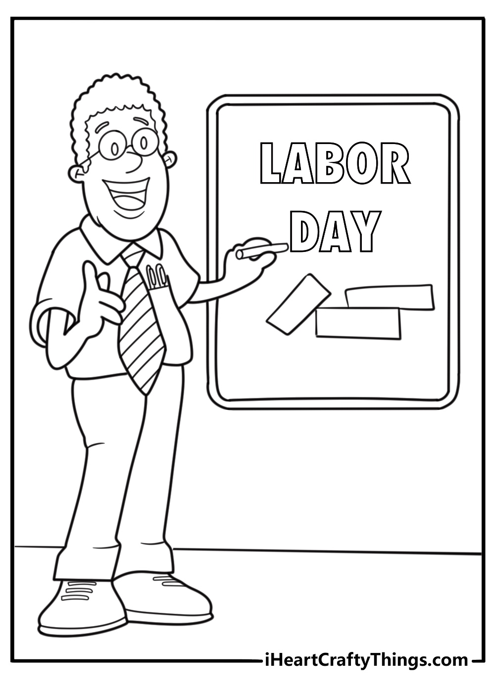 Teacher in classroom with chalkboard Labor Day coloring page