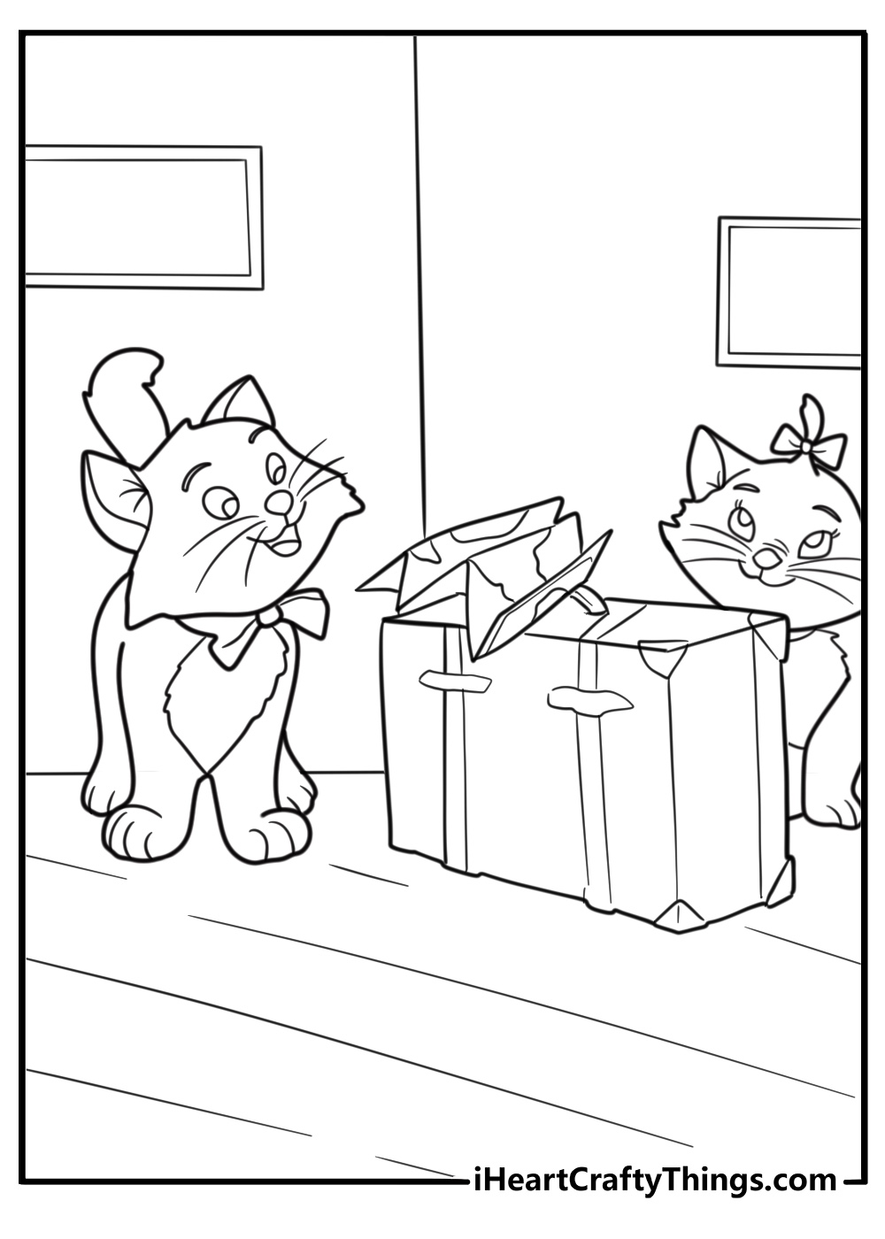 The kittens looking at a map inside a suitcase free printable coloring page