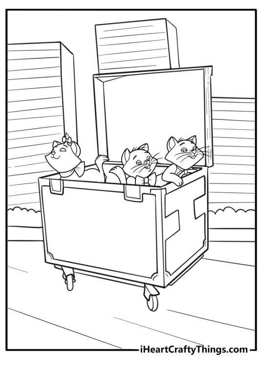 The kittens riding in a music trunk through the city detailed coloring sheet