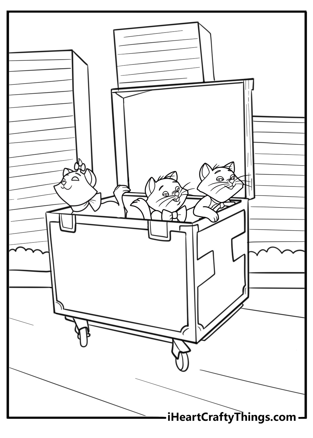 The kittens riding in a music trunk through the city detailed coloring sheet