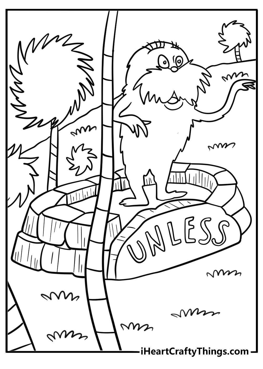 The Lorax leaving a stone with the word unless coloring page