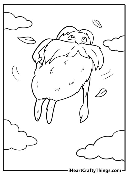 The Lorax lifting into the sky with the wind coloring page