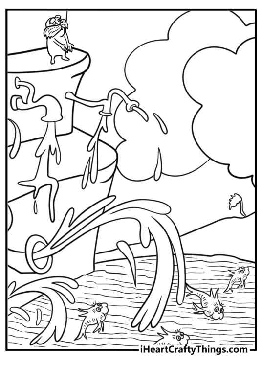 The Lorax looking at the polluted river coloring page