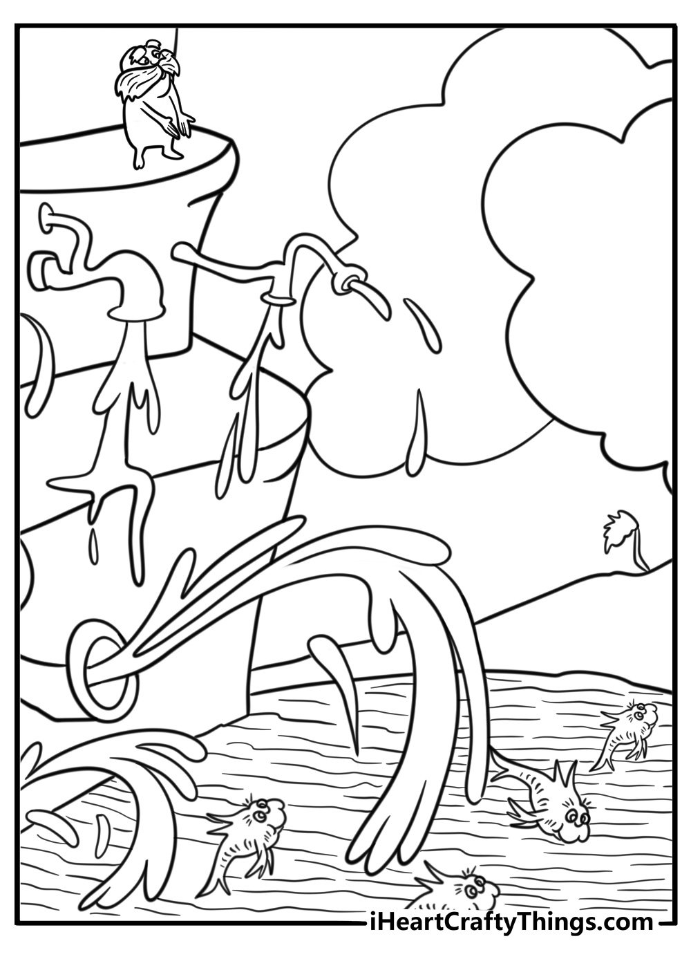 The Lorax looking at the polluted river coloring page