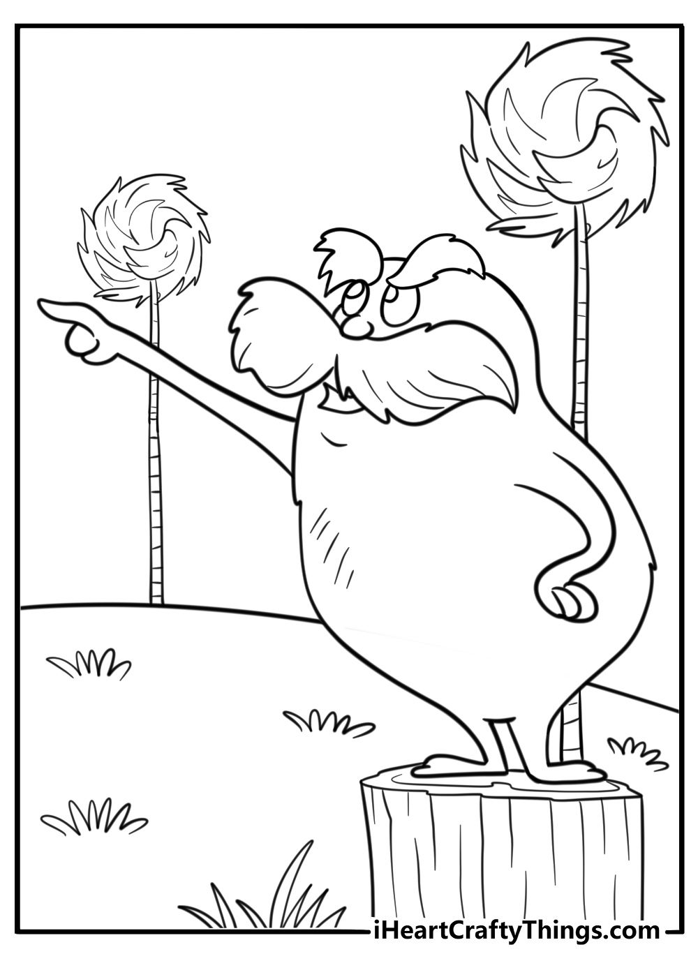 The Lorax pointing with concern coloring page