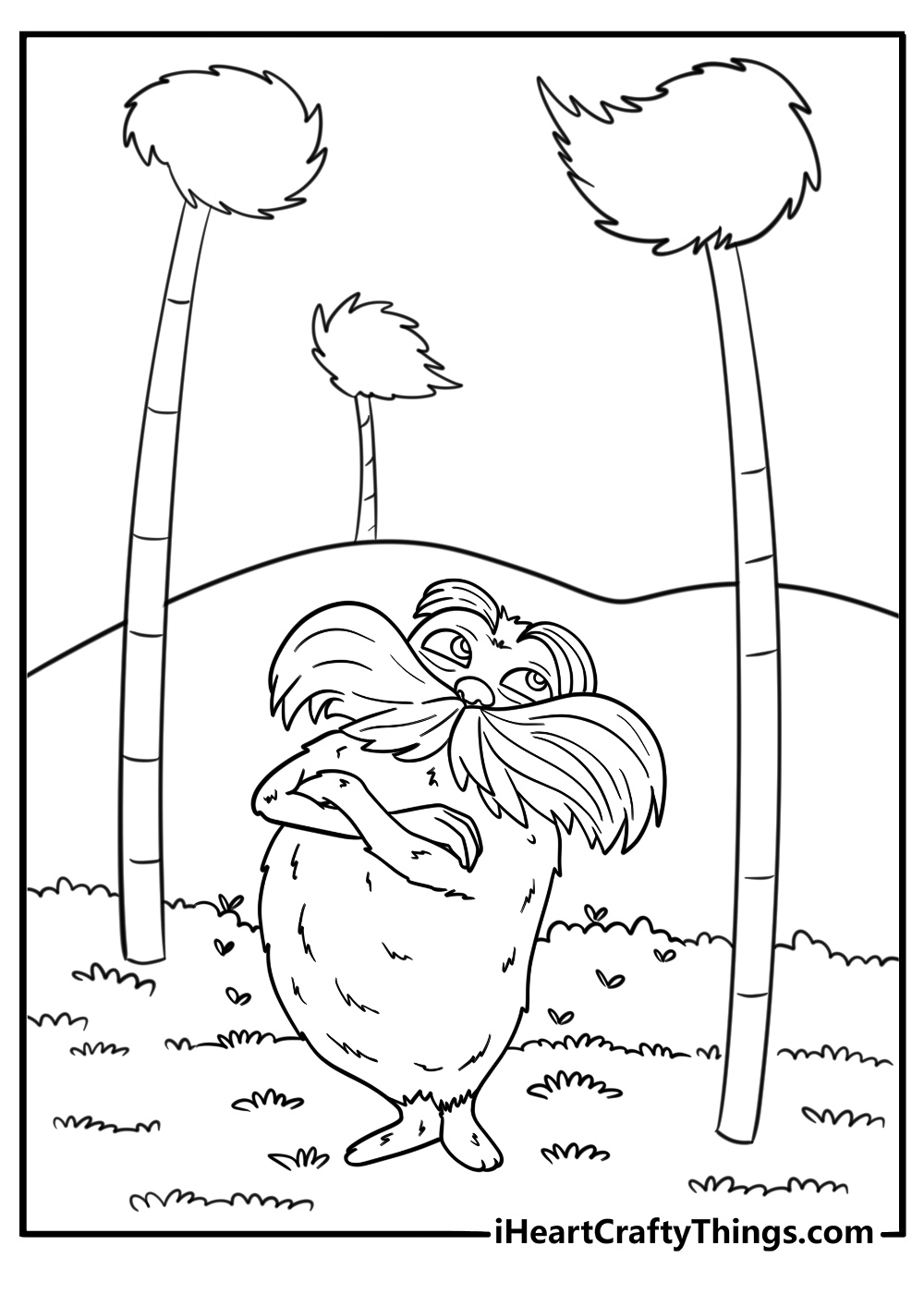 The Lorax standing next to a truffula tree coloring page